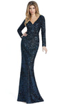 V-neck Natural Waistline Long Sleeves Mermaid Sequined Back Zipper Floor Length Mother-of-the-Bride Dress with a Brush/Sweep Train