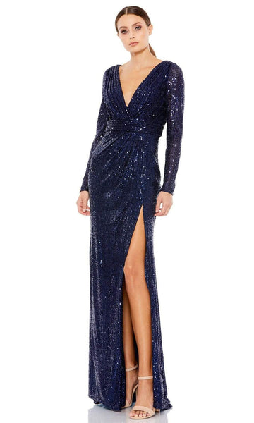 V-neck Long Sleeves Floor Length Natural Waistline Sheath Ruched Back Zipper Sequined Slit Sheath Dress/Mother-of-the-Bride Dress/Party Dress with a Brush/Sweep Train
