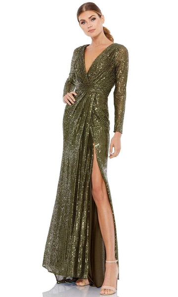 V-neck Long Sleeves Sheath Back Zipper Slit Sequined Ruched Natural Waistline Floor Length Sheath Dress/Mother-of-the-Bride Dress/Party Dress with a Brush/Sweep Train