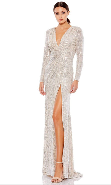 V-neck Floor Length Long Sleeves Sequined Slit Back Zipper Ruched Natural Waistline Sheath Sheath Dress/Mother-of-the-Bride Dress/Party Dress with a Brush/Sweep Train