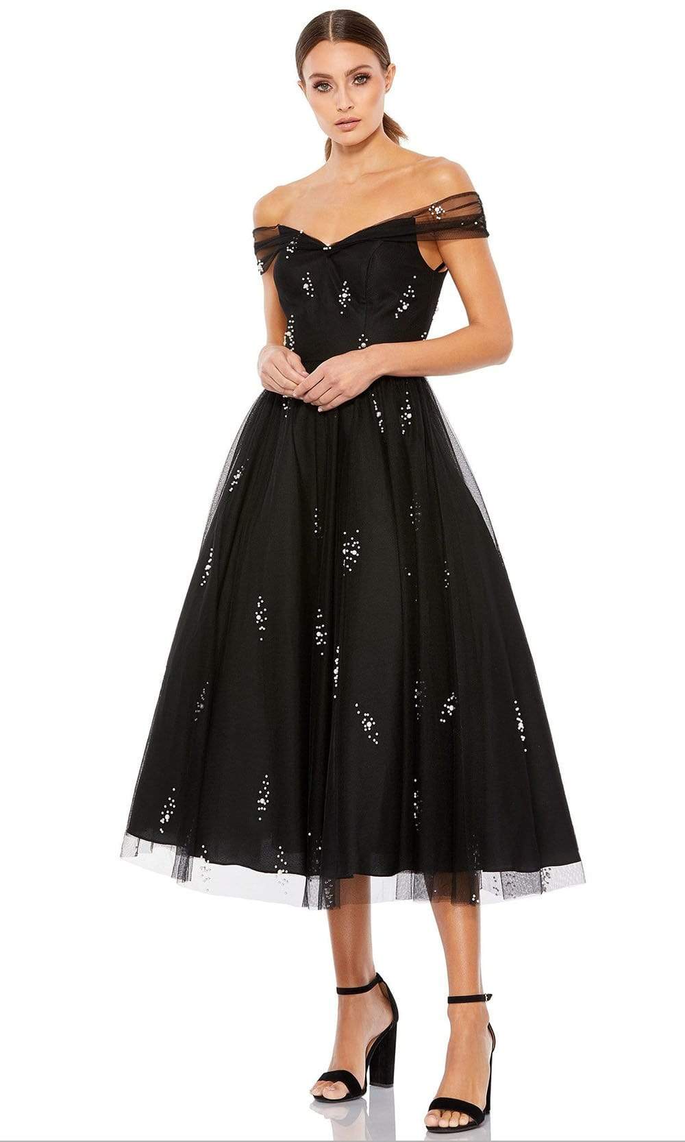 Ieena Duggal - 26498 Tea Length Pearl-Ornate A-Line Dress
