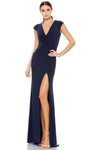 V-neck Pleated Slit Back Zipper Sheath Natural Waistline Floor Length Cap Sleeves Sheath Dress with a Brush/Sweep Train