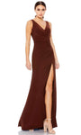 V-neck Sheath Natural Waistline Ruched Fitted Back Zipper Slit Floor Length Sleeveless Sheath Dress