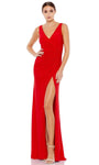 Modest V-neck Sleeveless Sheath Floor Length Natural Waistline Back Zipper Ruched Fitted Slit Sheath Dress/Prom Dress