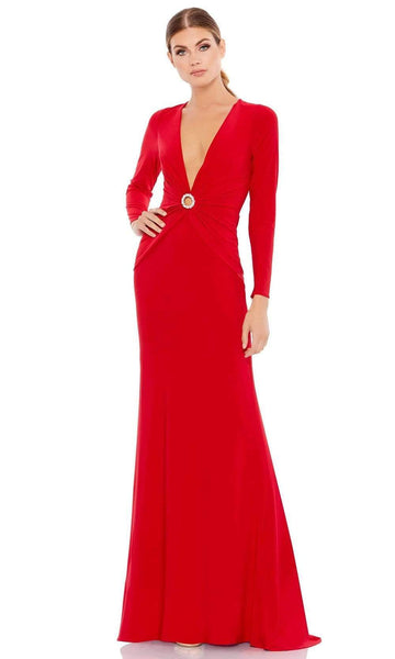 V-neck Sheath Floor Length Fitted Long Sleeves Natural Waistline Plunging Neck Sheath Dress/Evening Dress