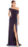 A-line Floor Length Asymmetric Ruched Fitted Slit Pleated Gathered Natural Waistline Off the Shoulder One Shoulder Prom Dress with a Brush/Sweep Train