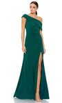 A-line Gathered Pleated Ruched Fitted Asymmetric Slit Off the Shoulder One Shoulder Natural Waistline Floor Length Prom Dress with a Brush/Sweep Train