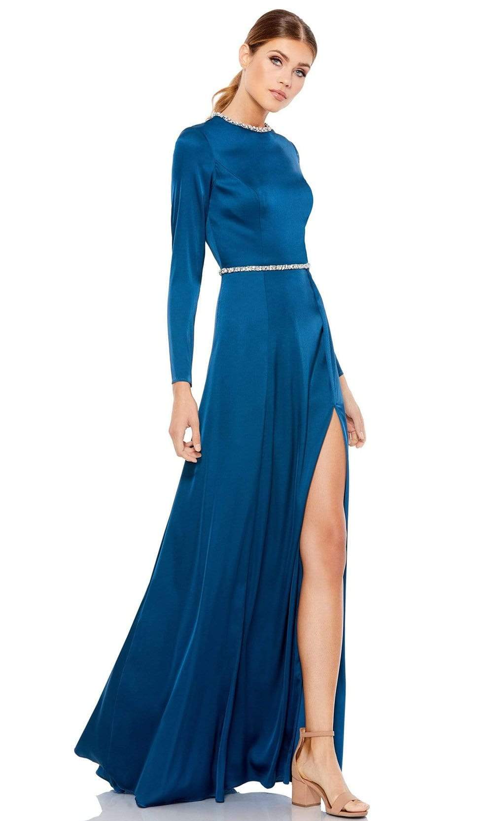 Ieena Duggal - 26524 Crystal Trim Long Sleeve High Slit A-Line Gown
