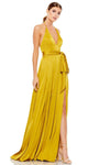 A-line V-neck Slit Pleated Back Zipper Wrap Open-Back Natural Tie Waist Waistline Halter Plunging Neck Sleeveless Floor Length Prom Dress with a Brush/Sweep Train