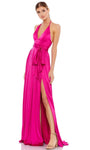 A-line V-neck Slit Back Zipper Open-Back Pleated Wrap Sleeveless Natural Tie Waist Waistline Floor Length Halter Plunging Neck Prom Dress with a Brush/Sweep Train