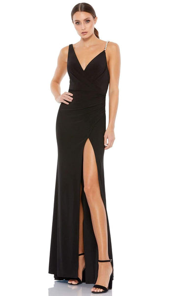 Sophisticated V-neck Floor Length Faux Wrap Beaded Fitted Open-Back Slit Asymmetric Ruched Hidden Back Zipper Sleeveless General Print Natural Waistline Plunging Neck Sheath Sheath Dress/Prom Dress Wi