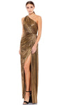 Tall Metallic Floor Length One Shoulder Sleeveless Natural Waistline Sheath Slit Grecian Draped Gathered Asymmetric Sheath Dress/Evening Dress/Prom Dress