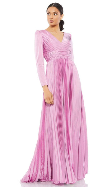 A-line V-neck Empire Waistline Long Puff Sleeves Sleeves Back Zipper Pleated Goddess Satin Dress with a Brush/Sweep Train