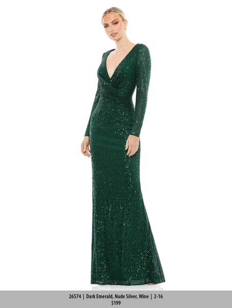 V-neck Polyester Sheath Long Sleeves Plunging Neck Glittering Hidden Back Zipper Ruched Sequined Beaded Slit Asymmetric Natural Waistline Sheath Dress/Evening Dress/Prom Dress with a Brush/Sweep Train