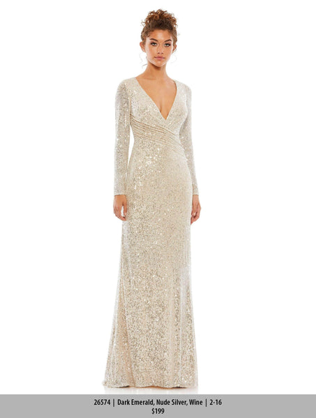 V-neck Long Sleeves Polyester Natural Waistline Plunging Neck Sheath Beaded Hidden Back Zipper Asymmetric Glittering Ruched Sequined Slit Sheath Dress/Evening Dress/Prom Dress with a Brush/Sweep Train
