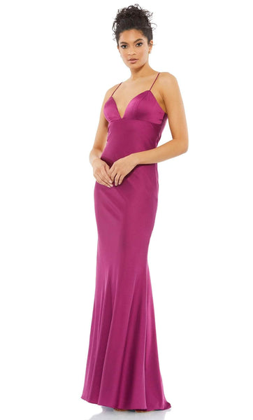 Modest V-neck Empire Waistline Charmeuse Sleeveless Spaghetti Strap Sheath Back Zipper Open-Back Sheath Dress/Evening Dress/Prom Dress with a Brush/Sweep Train