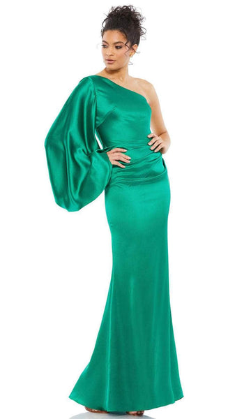 Sophisticated Draped Asymmetric Floor Length Satin Bishop Sleeves Sheath Natural Waistline Sheath Dress/Evening Dress