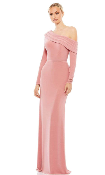 Sophisticated Back Zipper Pleated Asymmetric Fitted Sheath Floor Length Natural Waistline Long Sleeves Crepe Sheath Dress/Evening Dress with a Brush/Sweep Train