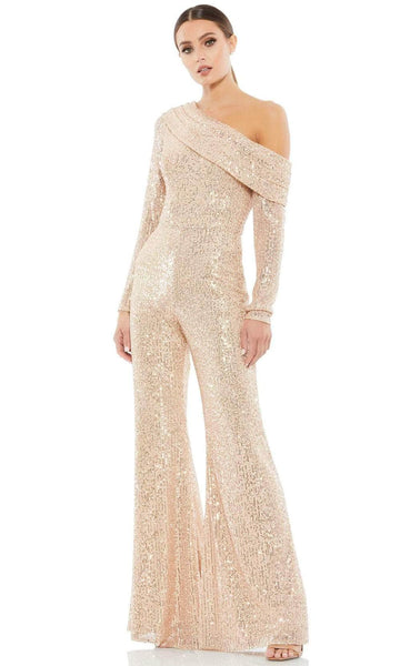 Sophisticated Long Sleeves One Shoulder Fit-and-Flare Fitted Asymmetric Pleated Sequined Mesh Natural Waistline Floor Length Jumpsuit