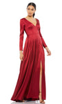 Sexy A-line V-neck Pleated Back Zipper Slit Floor Length Natural Waistline Long Sleeves Evening Dress/Party Dress with a Brush/Sweep Train