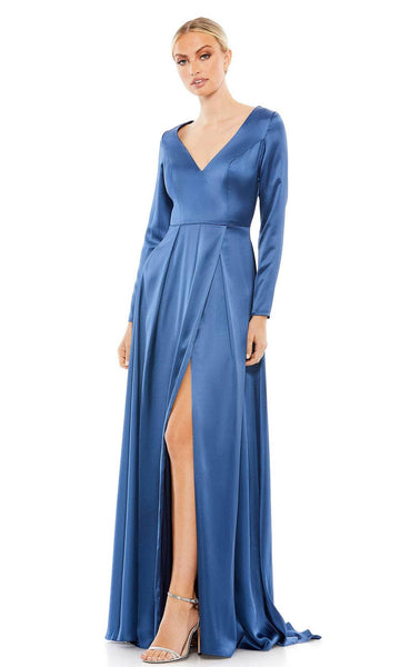 Sexy A-line V-neck Natural Waistline Long Sleeves Floor Length Pleated Back Zipper Slit Evening Dress/Party Dress with a Brush/Sweep Train