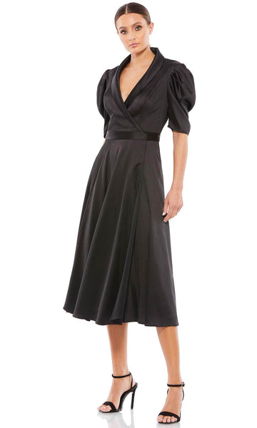 A-line V-neck Puff Sleeves Sleeves Tea Length Collared Plunging Neck Natural Waistline Satin Pleated Faux Wrap Evening Dress