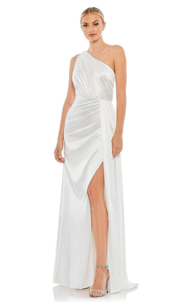 Sheath One Shoulder Natural Waistline Open-Back Draped Gathered Slit Shirred Asymmetric Back Zipper Sheath Dress with a Brush/Sweep Train