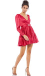 A-line V-neck Fit-and-Flare Belted Fitted Back Zipper Tiered Pleated Gathered Bishop Long Sleeves Cocktail Short Dress