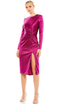 Sexy Long Sleeves Satin Natural Waistline Sheath Tea Length Gathered Back Zipper Ruched Fitted Slit Jeweled Jeweled Neck Sheath Dress