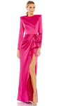 Draped Slit Back Zipper Jeweled Neck Satin Long Sleeves Natural Waistline Sheath Floor Length Sheath Dress/Evening Dress With a Bow(s)