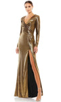 Tall V-neck Natural Waistline Sheath Floor Length Metallic Long Sleeves Asymmetric Ruched Slit Back Zipper Sheath Dress/Evening Dress