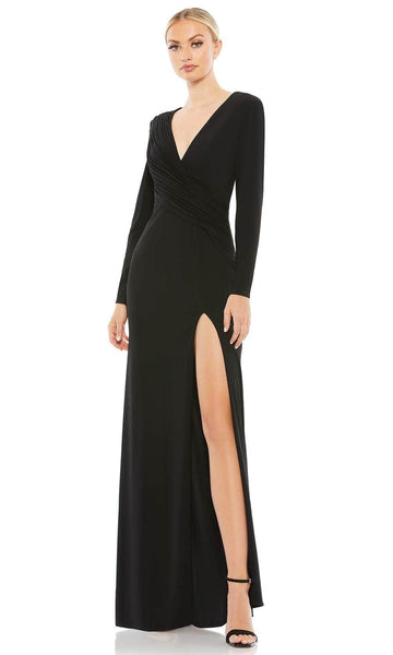 Sophisticated V-neck Long Sleeves Floor Length Natural Waistline Asymmetric Pleated Slit Sheath Sheath Dress/Evening Dress