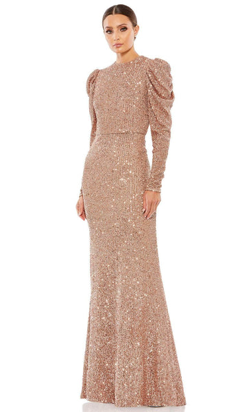 Sequined Fitted Beaded Sheath Long Puff Sleeves Sleeves High-Neck Natural Waistline Sheath Dress with a Brush/Sweep Train