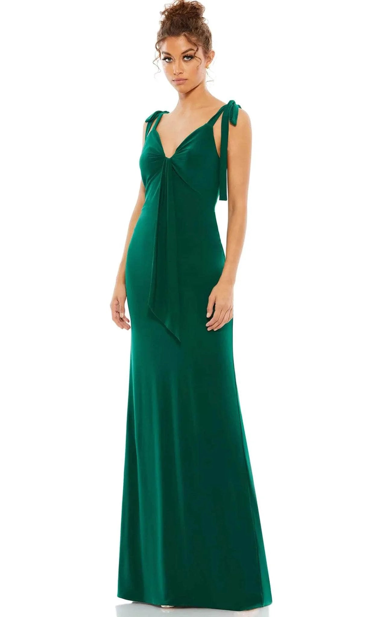 V-neck Sheath Sleeveless Floor Length Empire Waistline Back Zipper Self Tie Ruched Fitted Sheath Dress/Prom Dress With a Bow(s)