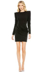 Sophisticated Cocktail Short Back Zipper Draped Fitted Long Sleeves Sheath Natural Waistline Jeweled Neck Sheath Dress