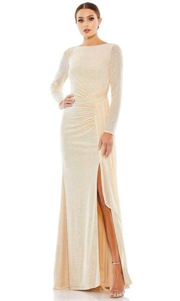 Bateau Neck Sheath Natural Waistline Long Sleeves Slit Mesh Ruched Goddess Sequined Semi Sheer Fitted Glittering Back Zipper Sheath Dress/Mother-of-the-Bride Dress with a Brush/Sweep Train With Pearls