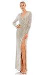 V-neck Long Sleeves Sequined Faux Wrap Back Zipper Slit Natural Waistline Floor Length Sheath Sheath Dress/Party Dress