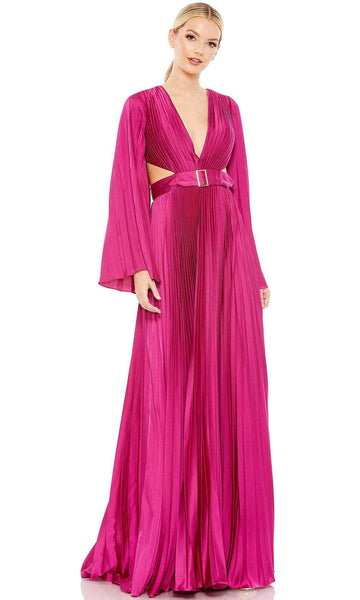 A-line V-neck Long Sleeves Silk Empire Waistline Plunging Neck Belted Pleated Back Zipper Lace-Up Cutout Wrap Floor Length Dress