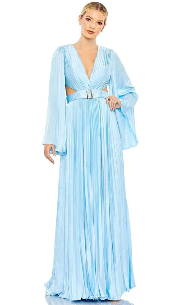 A-line V-neck Empire Waistline Long Sleeves Silk Floor Length Plunging Neck Cutout Belted Lace-Up Back Zipper Wrap Pleated Dress