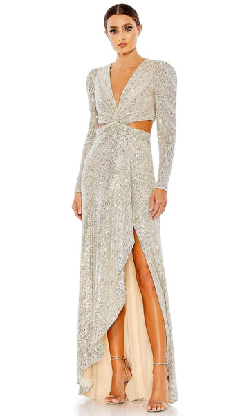 Tall V-neck High-Low-Hem Mesh Cutout Slit Back Zipper Open-Back Faux Wrap Fitted Sequined Sheath Natural Waistline Long Sleeves Polyester Sheath Dress/Evening Dress