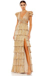 Tall A-line V-neck Short Lace-Up Tiered Slit Evening Dress with a Brush/Sweep Train With Ruffles by Ieena Duggal