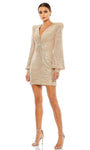 V-neck Bishop Sleeves Short Plunging Neck Sheath Empire Waistline Fitted Back Zipper Sequined Sheath Dress