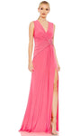 Sexy Sophisticated A-line V-neck Natural Waistline Floor Length Sleeveless Back Zipper Ruched Slit Evening Dress With Rhinestones