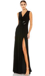 Sexy Sophisticated A-line V-neck Natural Waistline Floor Length Sleeveless Ruched Back Zipper Slit Evening Dress With Rhinestones