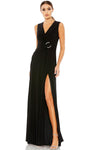 Sexy Sophisticated A-line V-neck Slit Ruched Back Zipper Sleeveless Floor Length Natural Waistline Evening Dress With Rhinestones