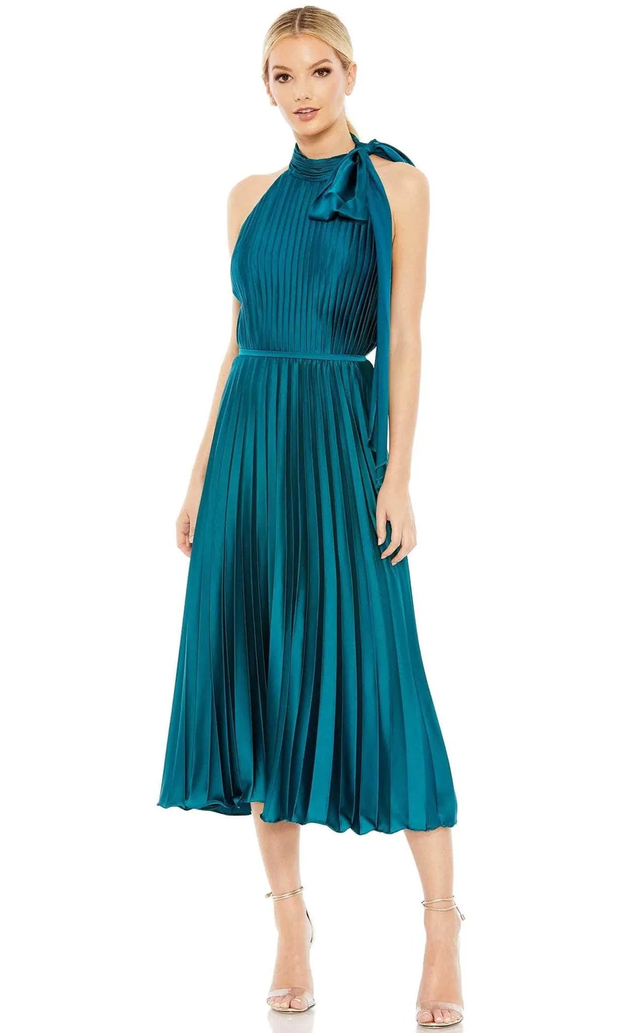 A-line Natural Waistline Halter Pleated Ruched Open-Back Tea Length Sleeveless Dress With Ruffles