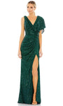 V-neck Natural Waistline Mermaid Polyester Cowl Neck Gathered Faux Wrap Mesh Sequined Ruched Slit Cap Sleeves Prom Dress with a Brush/Sweep Train