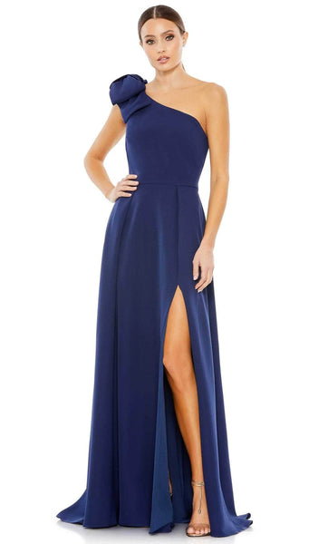 A-line One Shoulder Pleated Back Zipper Asymmetric Slit Natural Waistline Prom Dress with a Brush/Sweep Train With a Bow(s)