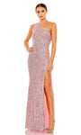 One Shoulder Sheath Natural Waistline Floor Length Asymmetric Open-Back Sequined Slit Draped Sheath Dress