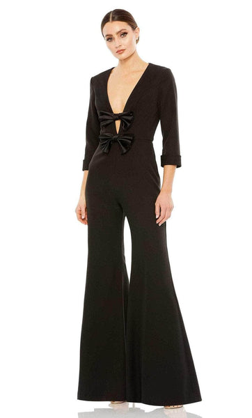 Sophisticated V-neck Back Zipper Plunging Neck Natural Waistline Jumpsuit With a Bow(s)